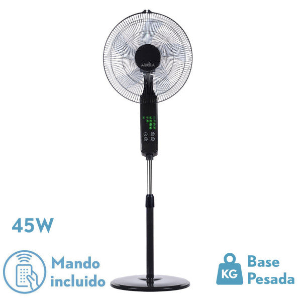 Ventilador de pie Rodium Negro de Fabrilamp, con 5 aspas, control táctil y mando a distancia.