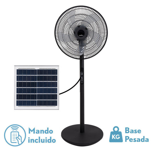 Ventilador de pie solar Rialto Negro 30W de Fabrilamp/Abrila con 5 aspas, 3 velocidades y puerto USB. Perfecto para el verano.