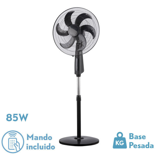 Ventilador de pie Tolon Negro de Fabrilamp con 6 aspas y mando a distancia. Disfruta de una brisa refrescante en tu hogar.