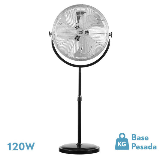 Ventilador de pie Trascias 120W negro de Fabrilamp, 3 velocidades, orientable, ideal para espacios industriales y domésticos.