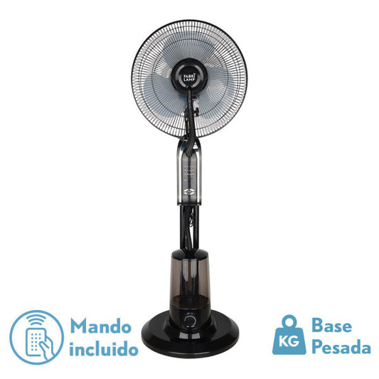 Ventilador de pie Tromba negro de Fabrilamp con 3 velocidades, 80W, nebulizador, mando a distancia y temporizador. Disponible en luzguru.com