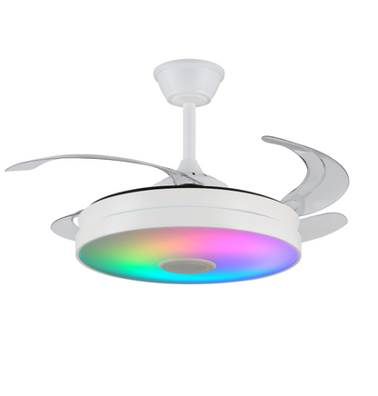 Ventilador abierto de techo Mina-S Musical de PB Lighting (Ø82cm) Blanco, con luz LED CCT-RGB, Bluetooth, app iLink y mando - Ref PB80715.

