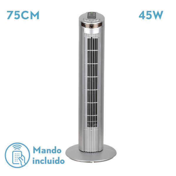 Ventilador de torre Orbigo Plata de Fabrilamp, 3 velocidades, con mando a distancia y función oscilante.