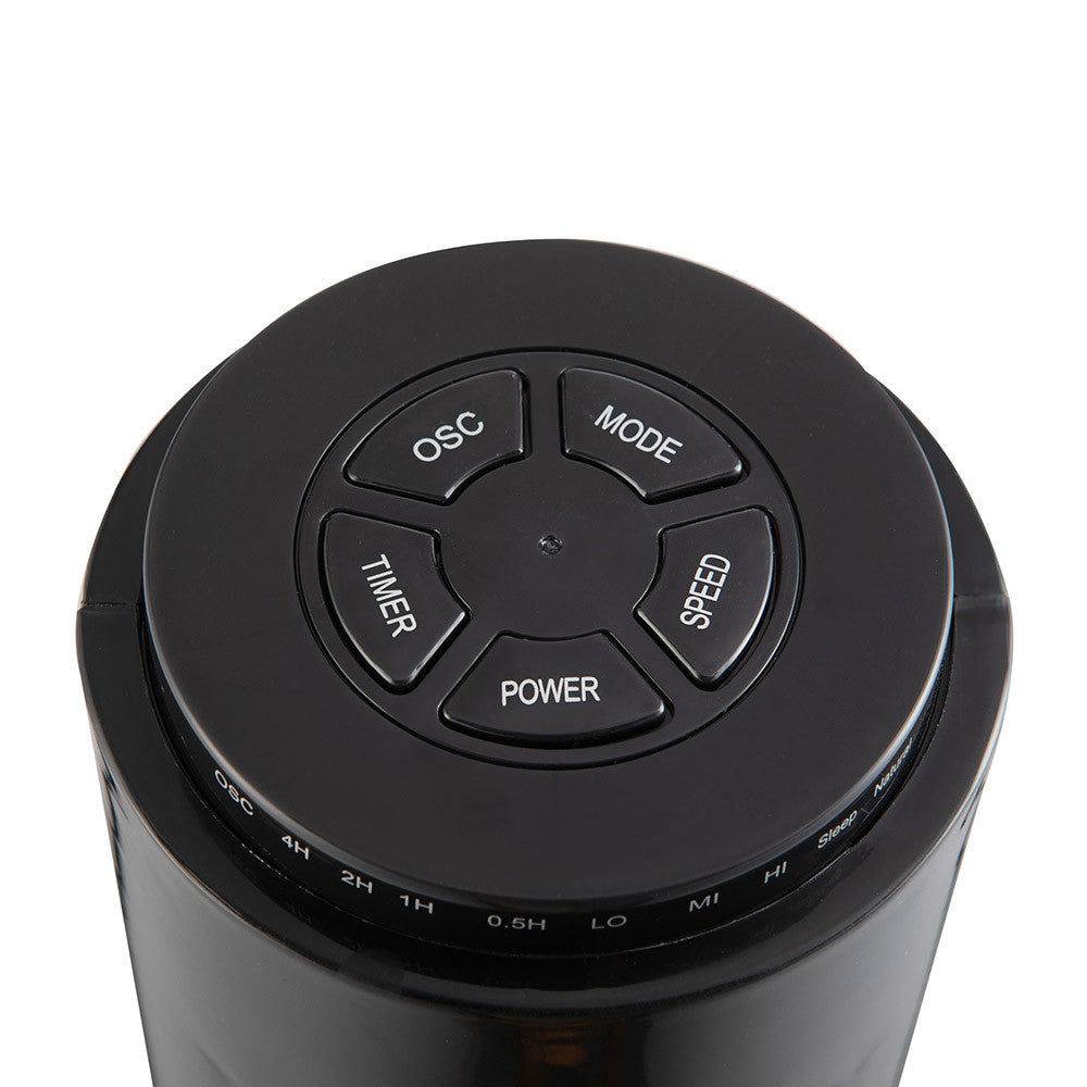 Ventilador de torre Picaro fabricado en metal negro y policarbonato