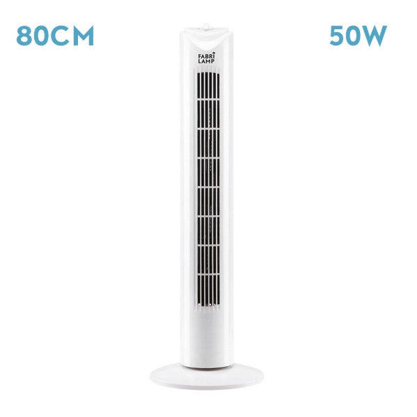 Ventilador de torre Tero blanco de Fabrilamp, 3 velocidades, oscilante y con temporizador. Perfecto para refrescar cualquier espacio.