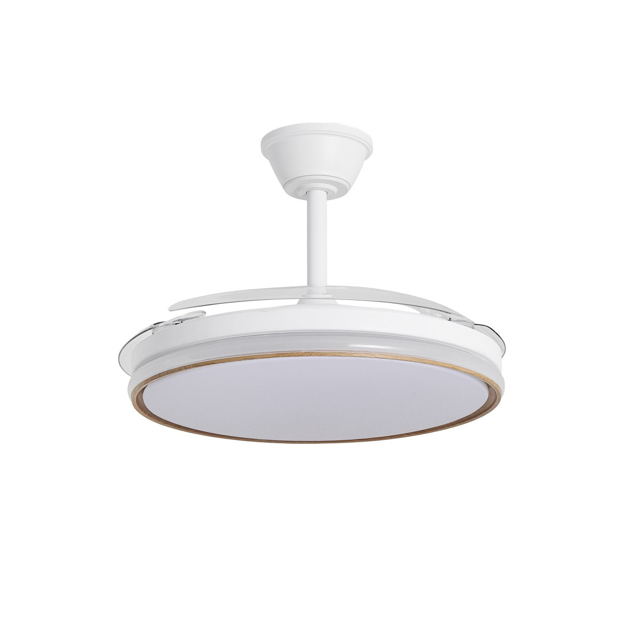 Ventilador de techo Dublin con las palas plegadas, funcionando como una lámpara de diseño