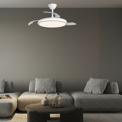 Ventilador de techo retráctil Dublin de AJP / Alemar con palas desplegadas y luz encendida, vista lateral