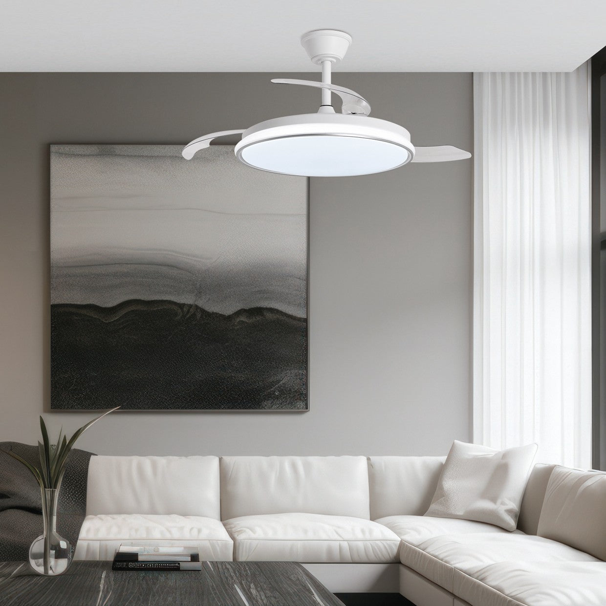 Ventilador Dublin Plata con aspas desplegadas y luz LED en tono cálido