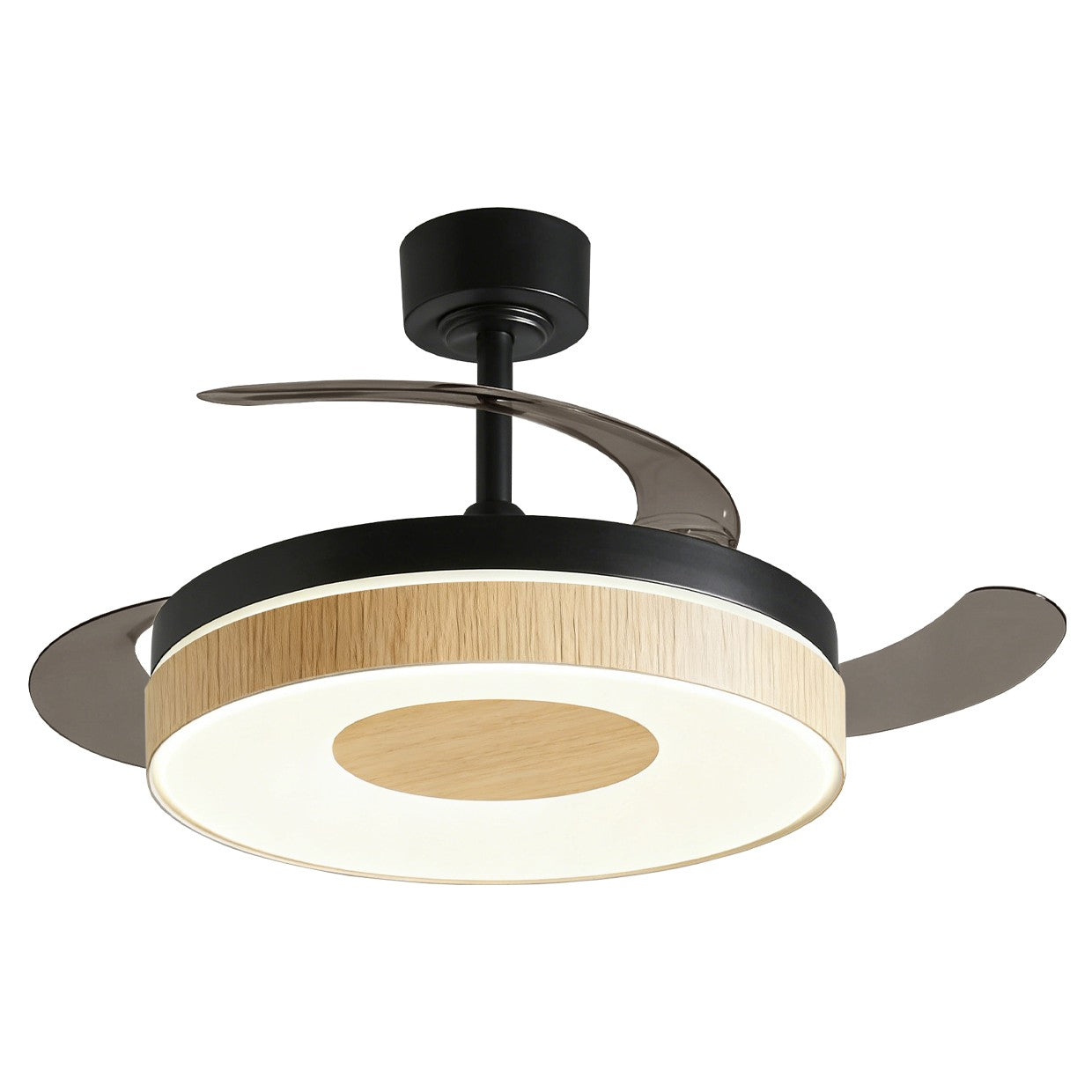 Ventilador de techo retráctil Duna Negro-Madera AJP / Alemar con palas cerradas, vista frontal