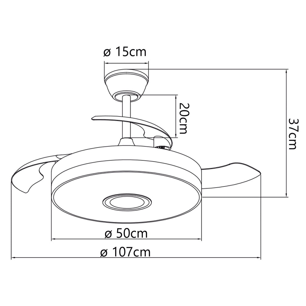 Ventilador Enio Negro AJP/Alemar 50cm (Ref. 11828): Dimensiones detalladas.  Frescor potente y silencioso con 6 velocidades, luz LED y Bluetooth.

