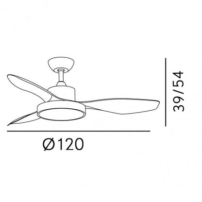 Ventilador de Techo con Luz LED Hayate 120 cm Blanco Fabrilamp encendida con proyección de luz y ambiente | LuzGurú