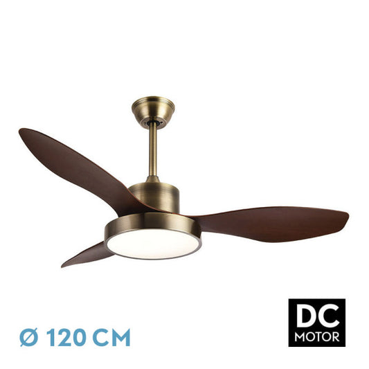 Ventilador de Techo con Luz LED Hayate 120 cm Cuero y Roble Fabrilamp - Vista frontal principal en fondo blanco | LuzGurú