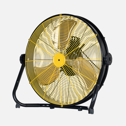Ventilador Mapache fabricado en metal color negro con aspas en aluminio amarillo