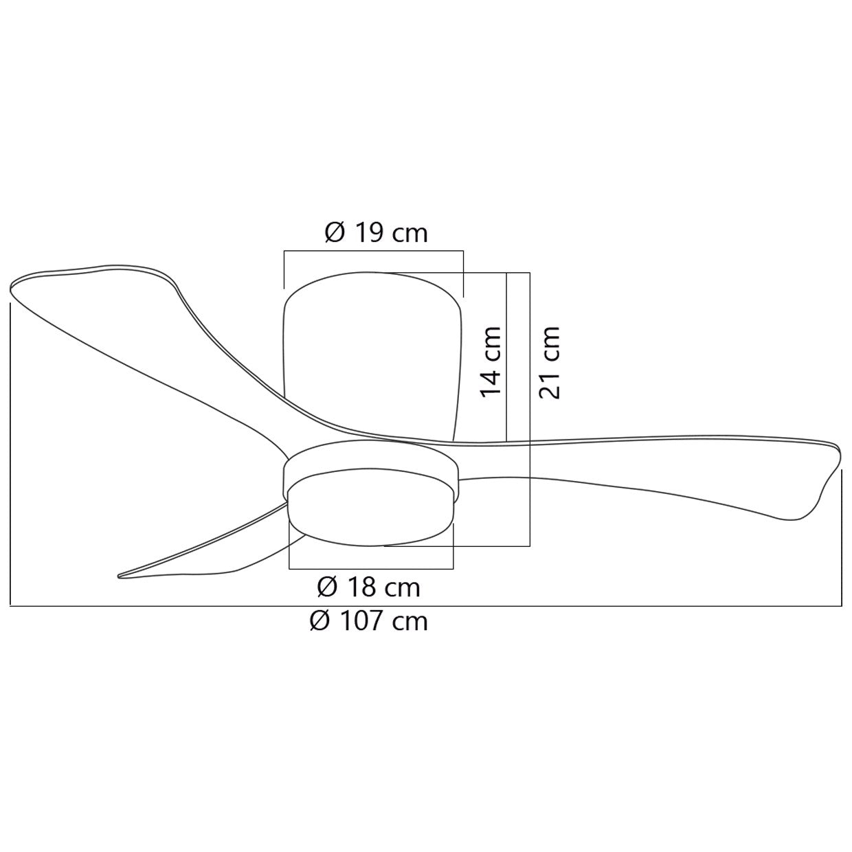Ventilador de techo KENT AJP/Alemar (Ref. 11835): medidas detalladas.  Diseño moderno, 107cm, 18W LED, eficiencia energética.  Luzguru.com
