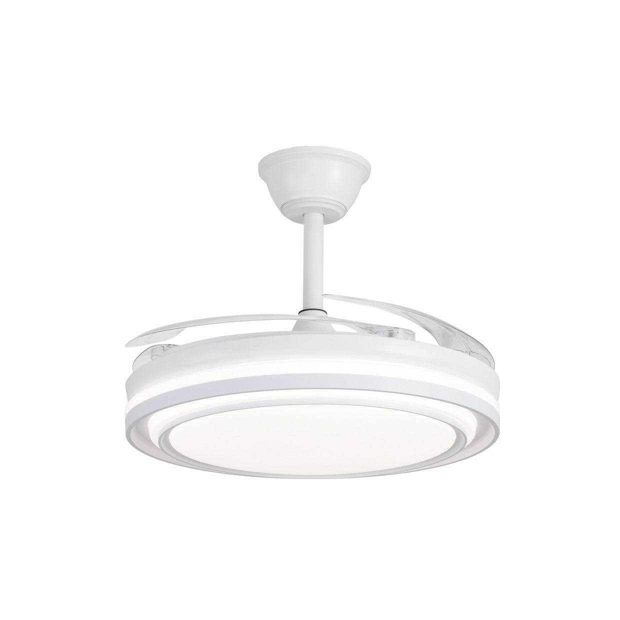 Ventilador Korfu blanco con palas extendidas mostrando su flujo de aire y luz LED