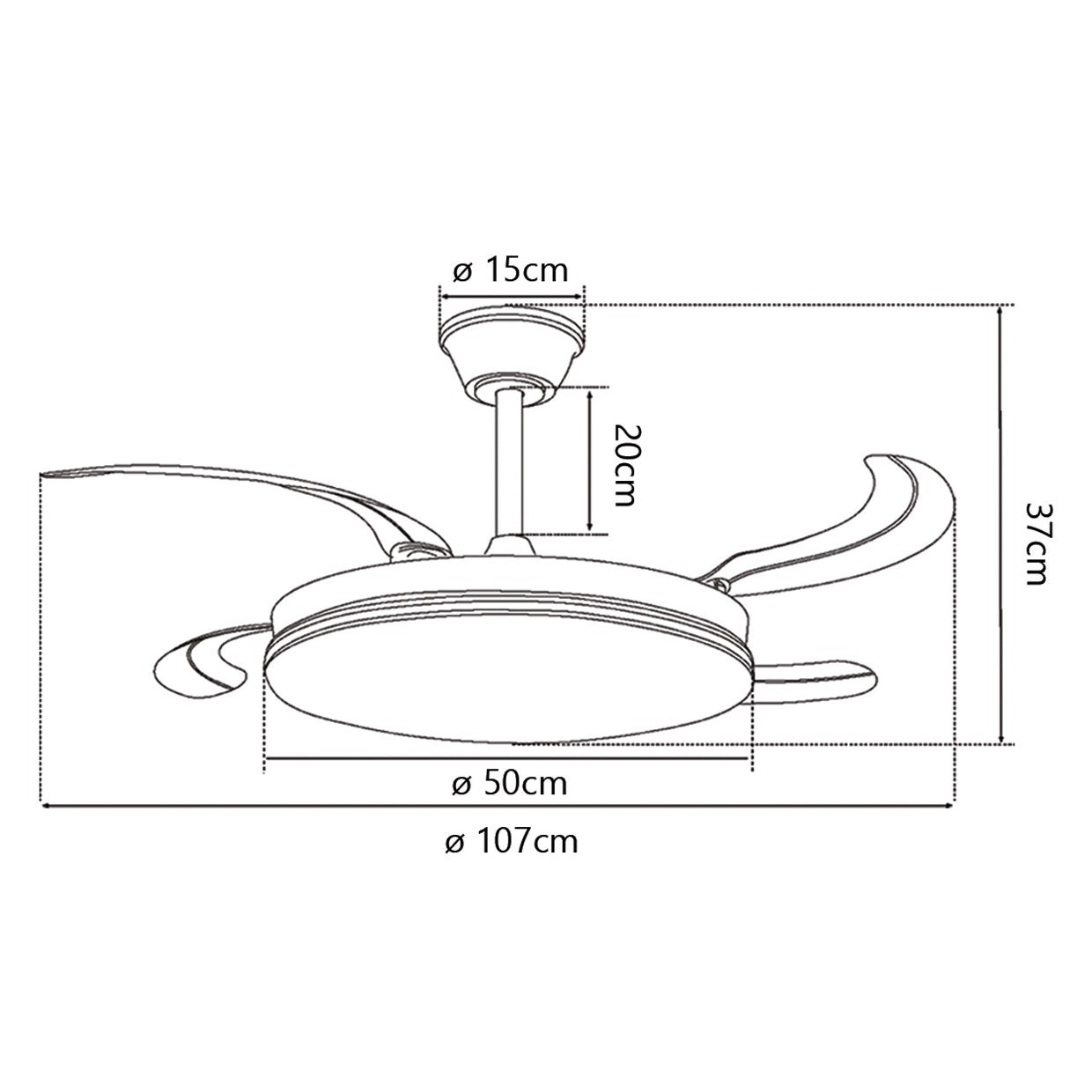 Ventilador de techo Korfu blanco con palas desplegadas, ideal para climatización y decoración