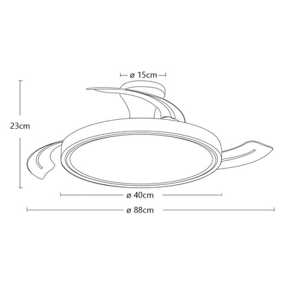 Ventilador KUPER blanco con palas desplegadas mostrando su función de ventilación y luz LED