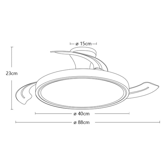Ventilador KUPER blanco con palas desplegadas mostrando su función de ventilación y luz LED