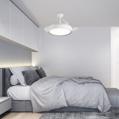 Ventilador de techo retráctil Lima Blanco-Plata AJP / Alemar con palas desplegadas, vista lateral