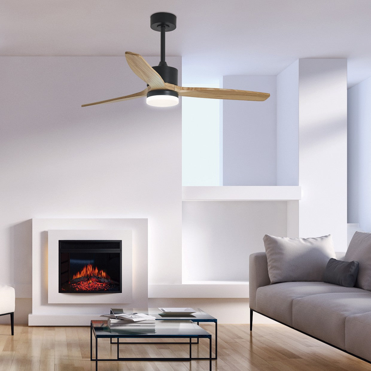 Ventilador Alemar Madeira en funcionamiento, mostrando el flujo de aire y la iluminación cálida