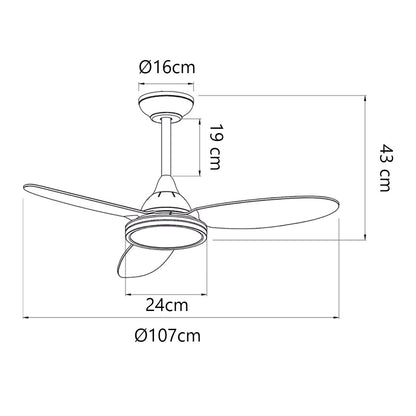 Ventilador Mahon 107cm AJP/Alemar (Ref. 11564):  Dimensiones detalladas.  Disfruta de una brisa fresca y silenciosa con su potente motor DC y mando a distancia.  Compra en luzguru.com
