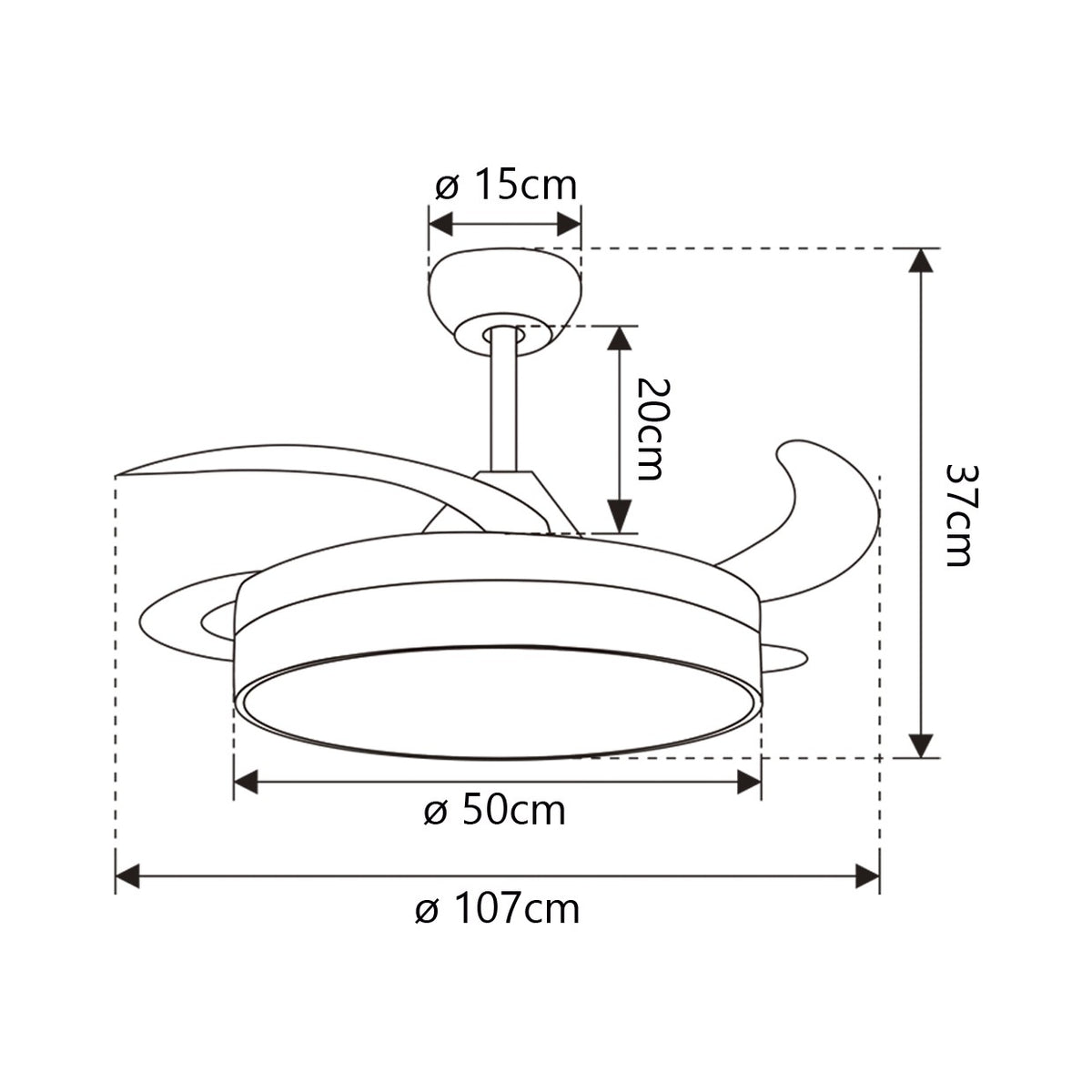 Ventilador de techo Malta AJP/Alemar 50cm: medidas detalladas del elegante y silencioso modelo 11530 con motor DC y luz LED regulable.  Compra ahora en luzguru.com
