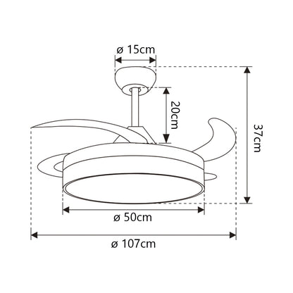 Ventilador de techo Malta AJP/Alemar 50cm: medidas detalladas del elegante y silencioso modelo 11530 con motor DC y luz LED regulable.  Compra ahora en luzguru.com
