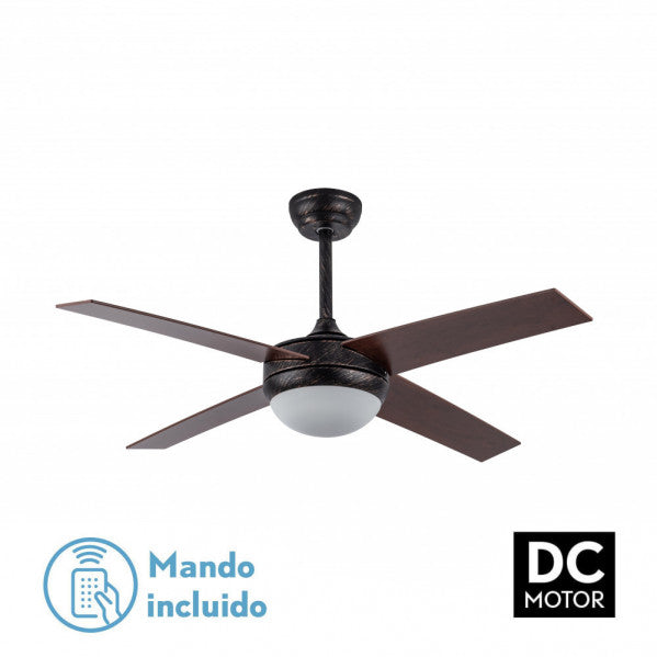 Ventilador de techo Ciro marrón rústico con 4 aspas de nogal, mando a distancia y temporizador. Fabrilamp.