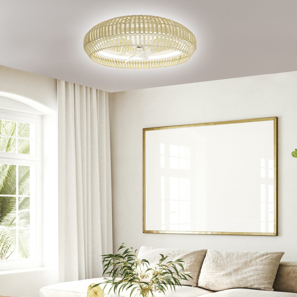 Ventilador Milo AJP/Alemar (Ref. 11569): Dimensiones del ventilador de 30W con diseño elegante en blanco y bambú, motor DC y luz LED regulable.  Compra en LuzGuru.
