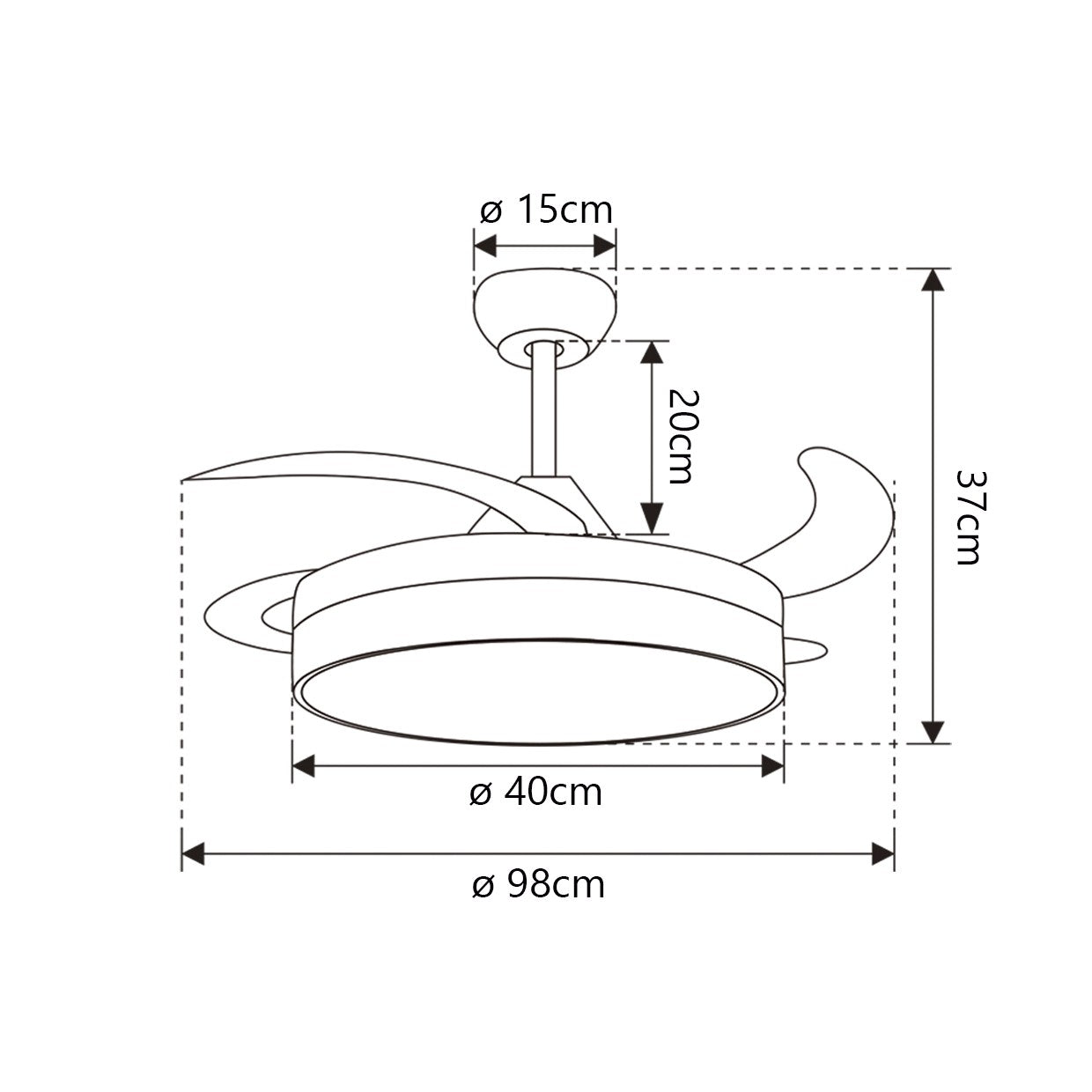 Ventilador Mini Malta 40cm AJP/Alemar (Ref. 11528): medidas del ventilador de diseño moderno y silencioso con 6 velocidades, luz LED y mando a distancia.  Compra en luzguru.com
