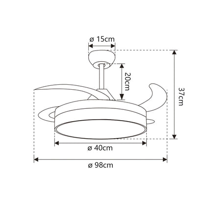 Ventilador Mini Malta 40cm AJP/Alemar (Ref. 11528): medidas del ventilador de diseño moderno y silencioso con 6 velocidades, luz LED y mando a distancia.  Compra en luzguru.com
