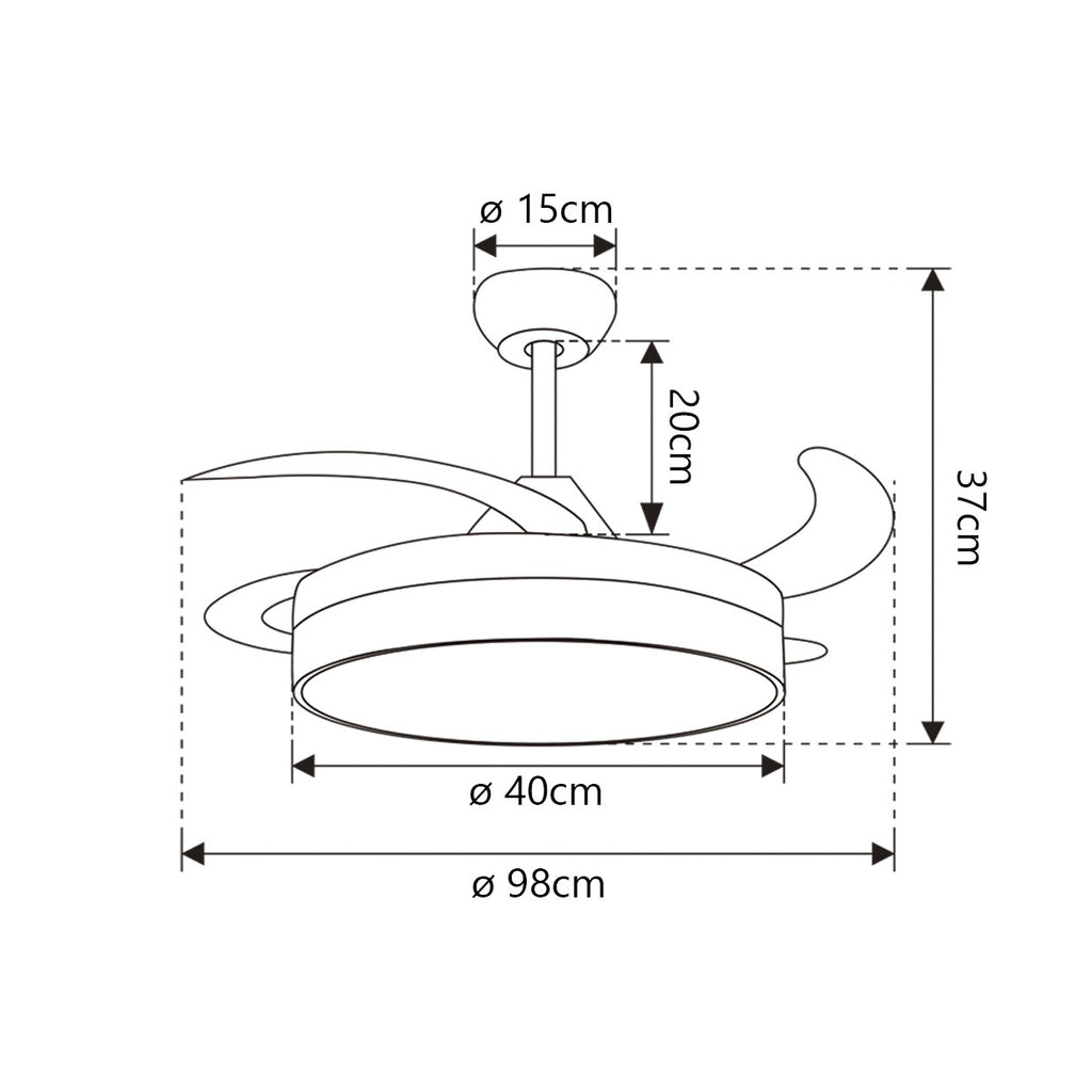 Ventilador Mini Malta AJP/Alemar 40cm Niquel (Ref. 11529):  Medidas del silencioso y moderno ventilador de diseño, disponible en LuzGuru.com.
