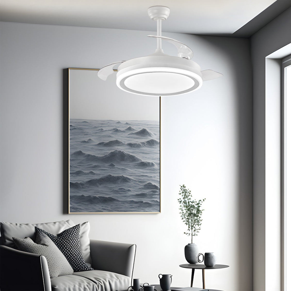 Ventilador Mini Porto Blanco AJP Alemar 40cm (Ref. 11560): Dimensiones del potente y silencioso ventilador de 3 aspas con luz LED regulable.  Compra en LuzGuru.
