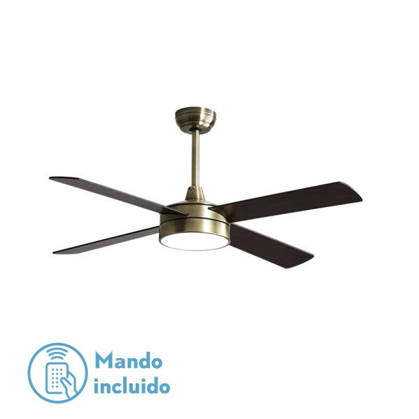 Ventilador de techo Nevery DC 26W, vista frontal, color cuero con aspas roble/nogal