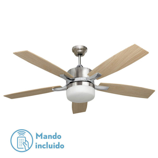 Ventilador de techo Menfis de Fabrilamp en níquel con 5 aspas reversibles de haya/wengué. Control remoto incluido.