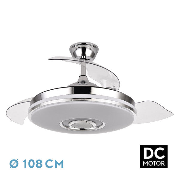 Ventilador de Techo Noto 108 cm Cromo con LED RGB y Altavoz Fabrilamp - Vista frontal principal en fondo blanco | LuzGurú