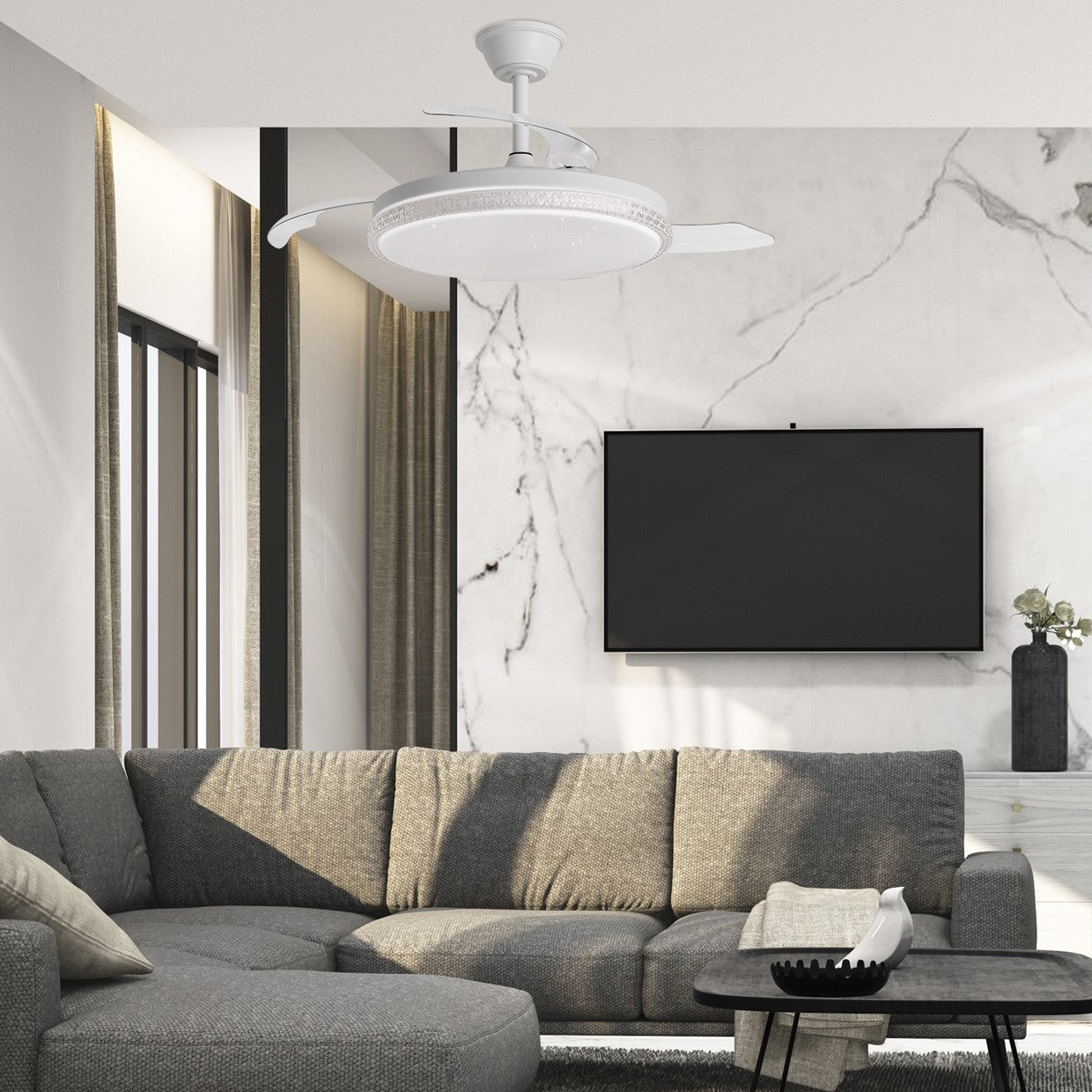 Ventilador de techo retráctil Nova blanco con luz LED y palas abiertas, vista lateral
