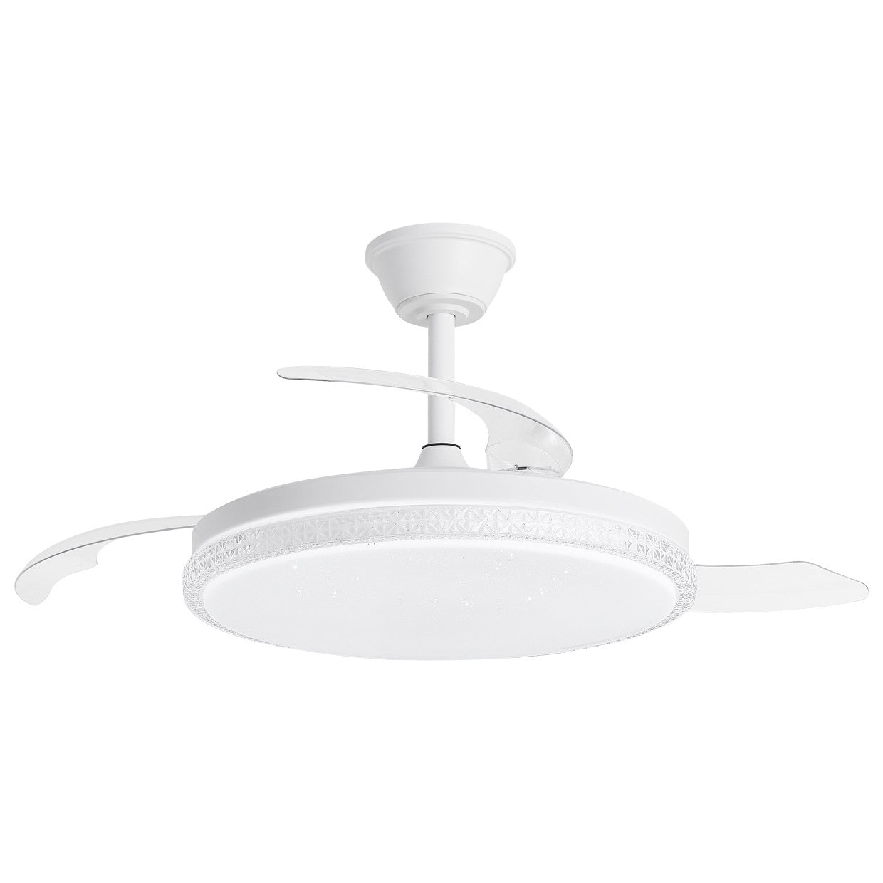 Ventilador de techo retráctil Nova blanco con luz LED encendida, palas cerradas, vista frontal