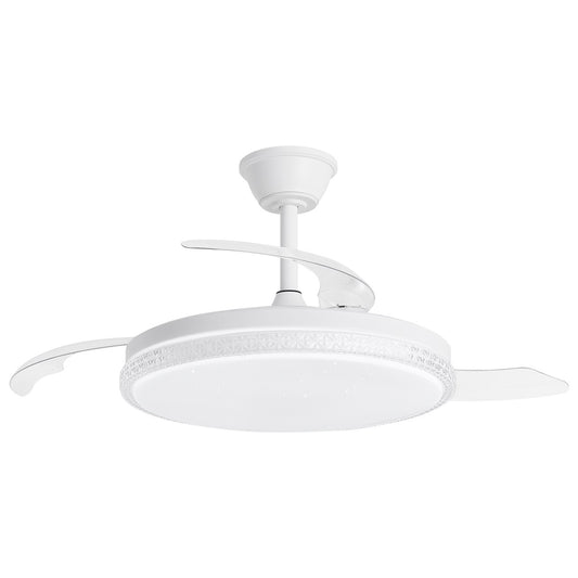 Ventilador de techo retráctil Nova blanco con luz LED encendida, palas cerradas, vista frontal