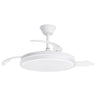 Ventilador de techo retráctil Nova blanco con luz LED encendida, palas cerradas, vista frontal