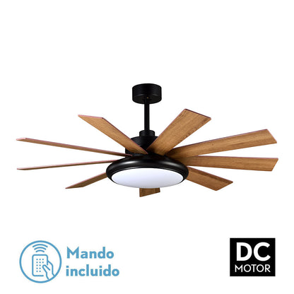 Ventilador de techo PIREO fabricado en metal negro mate con aspas de MDF Roble/Haya | Fabrilamp