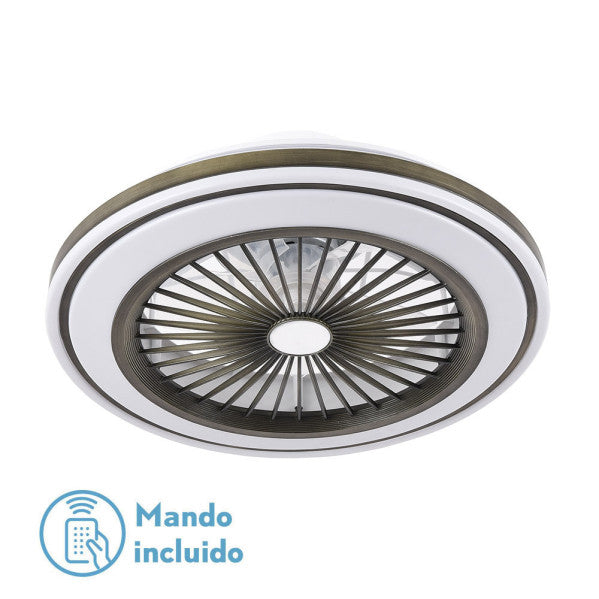 Ventilador de techo Pruga de Fabrilamp, color cuero, con mando a distancia y luz LED regulable.