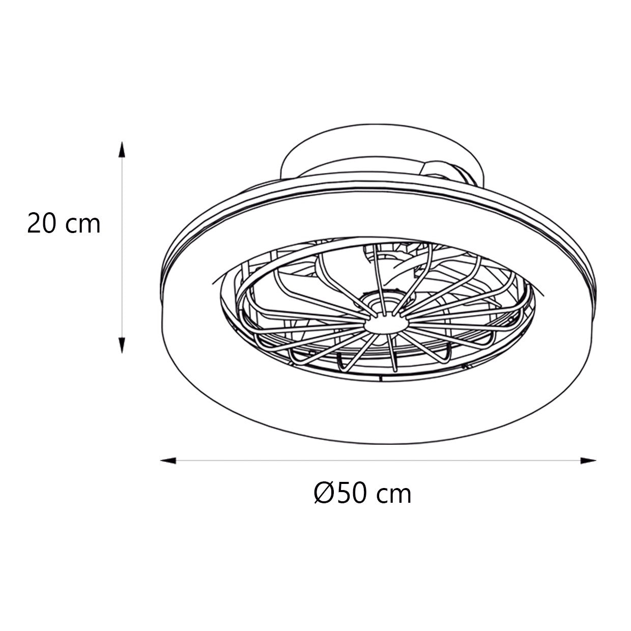 Ventilador Ramses AJP/Alemar (Ref. 11570): Dimensiones del potente ventilador de 40W con luz LED.  Diseño moderno y eficiente para una brisa refrescante.  Compra en LuzGuru.com
