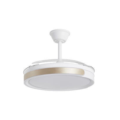 Vista lateral del Ventilador Samaná Blanco-Oro con palas abiertas en un ambiente moderno AJP / Alemar