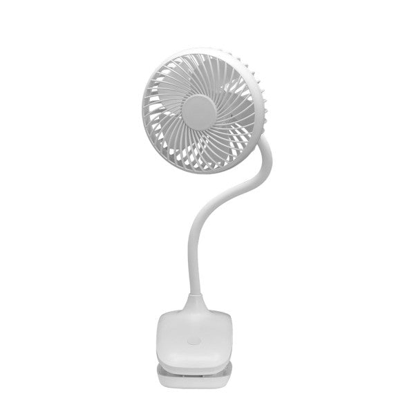 Ventilador de sobremesa con pinza Sines blanco de Fabrilamp, 5W, recargable por USB.