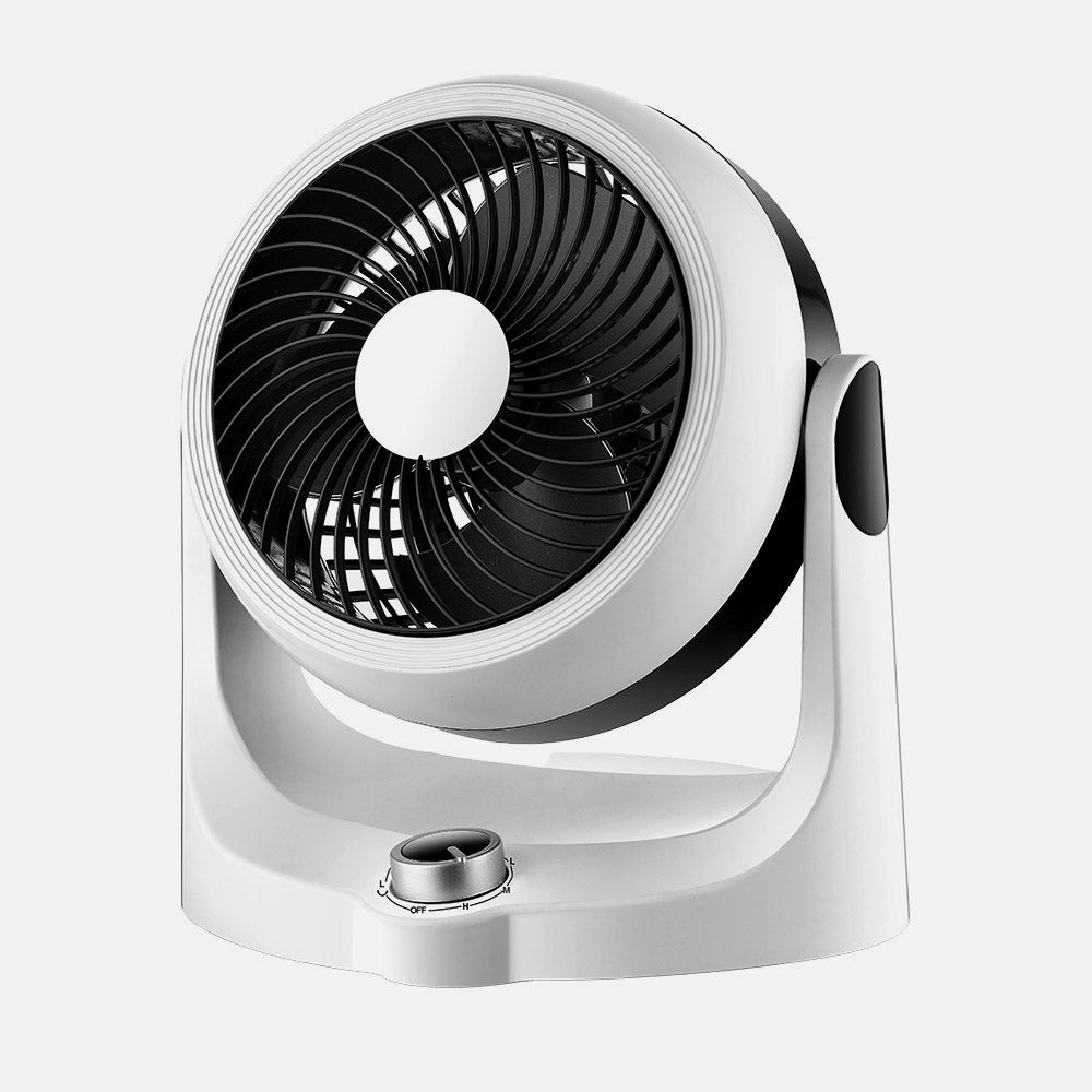 Ventilador de sobremesa Cartago fabricado en metal blanco y negro con 3 velocidades