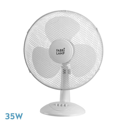 Ventilador de sobremesa Cape mediano blanco de Fabrilamp, 3 velocidades, oscilante, 3 aspas.