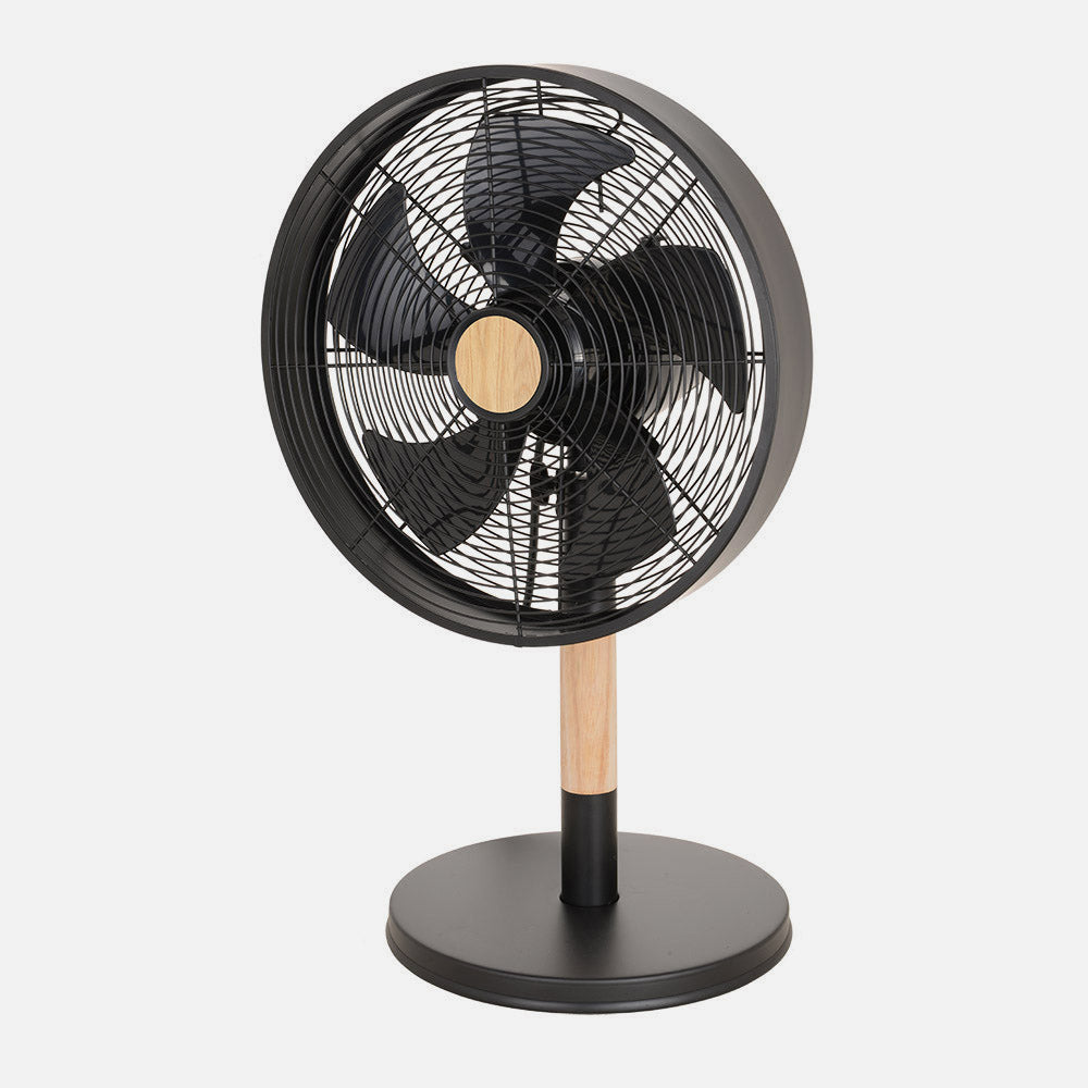 Elegante ventilador de escritorio negro y madera, ideal para el despacho