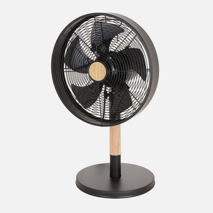 Elegante ventilador de escritorio negro y madera, ideal para el despacho