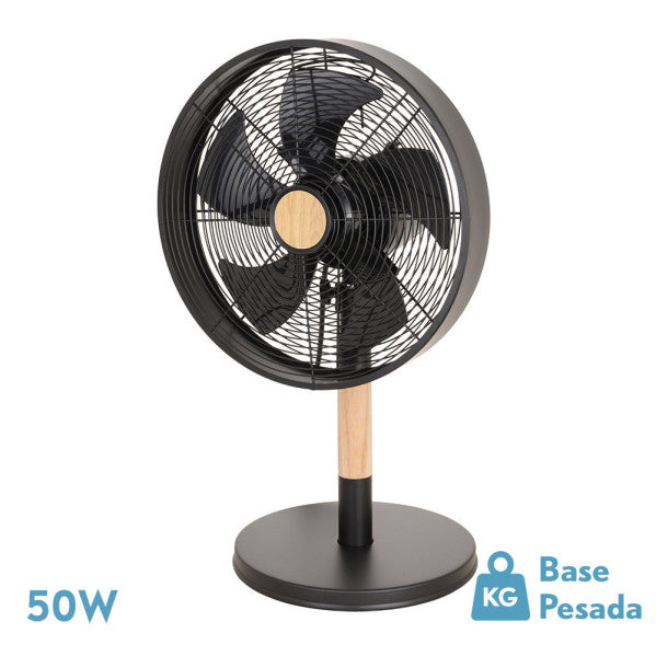 Ventilador de sobremesa Falcon Negro/Haya de Fabrilamp, vista frontal.